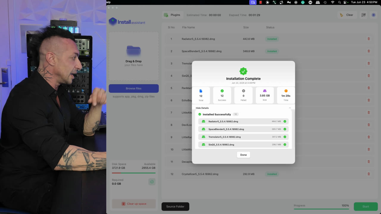 Install Assistant's Installation Complete report showing 12 of 12 plugins installed, 0 failed, 3.85 GB in 1 minute 29 seconds, from the MixbusTV review